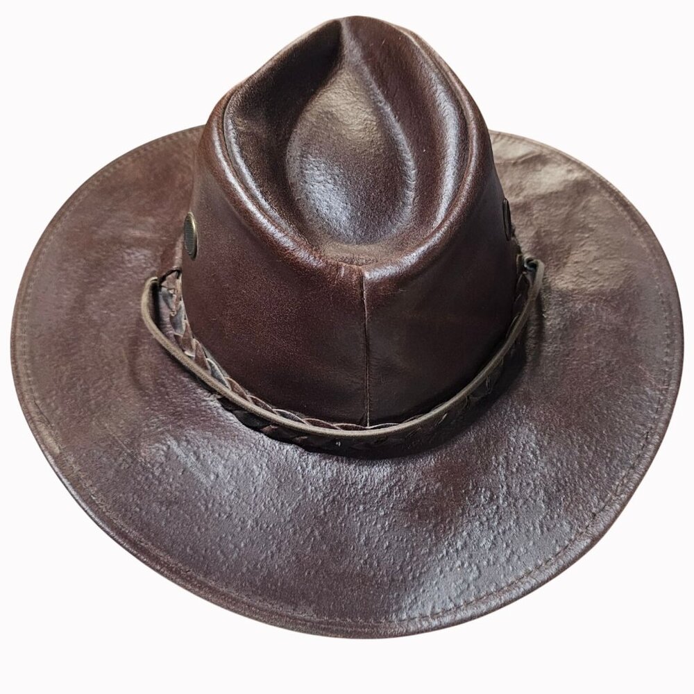 Henschel Brown Distressed Leather Cowboy Hat Braided Band Chin Cord USA Medium - Picture 4 of 9